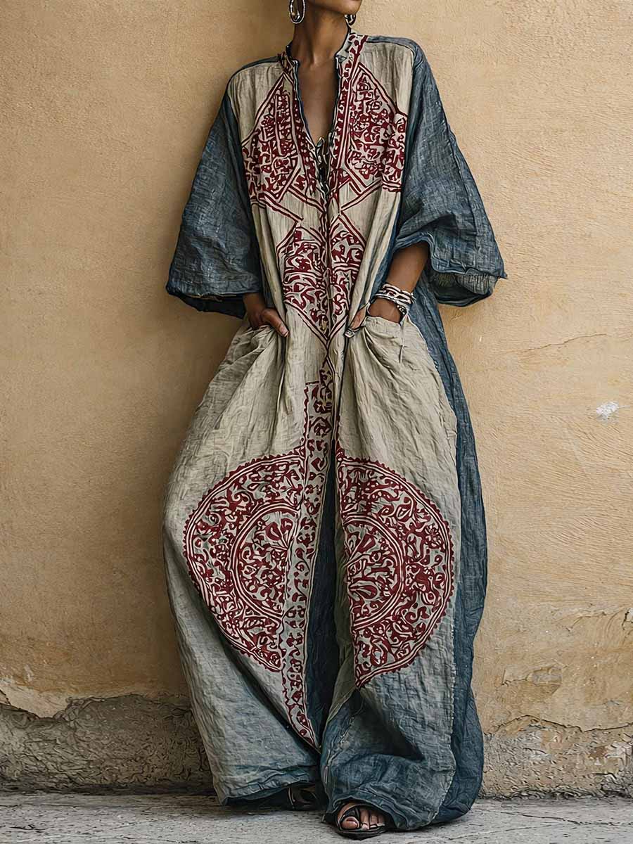 Guinevere™ | Vintage Print V-neck 3/4-sleeve Jumpsuit