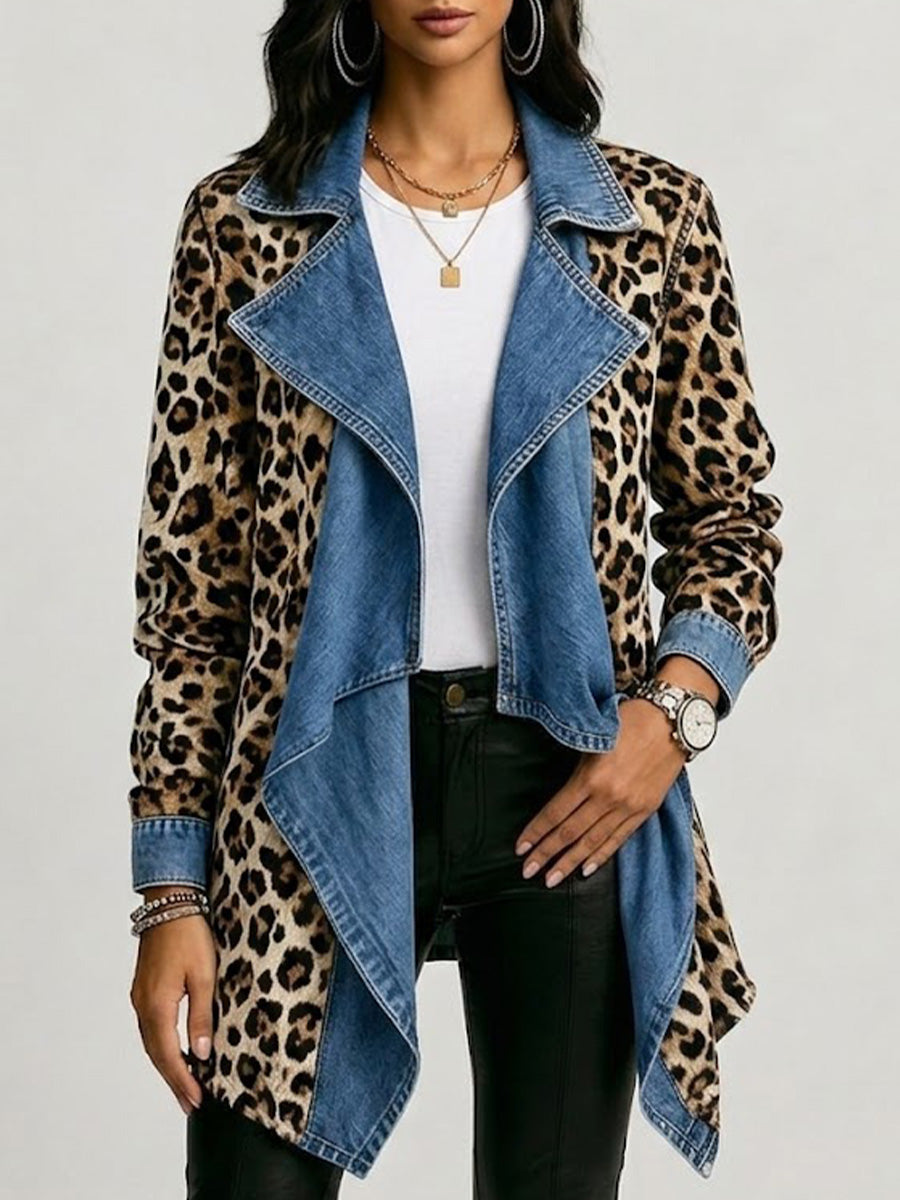 Sherilyn™ | Leopard Print & Washed Denim Paneled Mid-Length Jacket