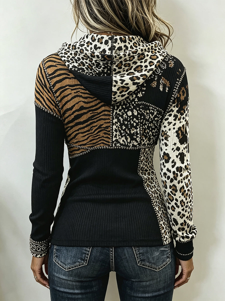 Teresse | Chic Animal Patchwork Print Ribbed Hooded Top