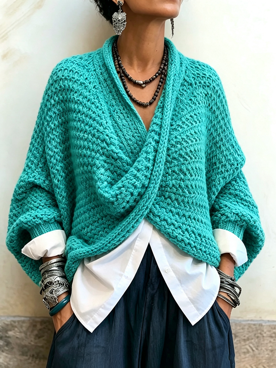 Paulina™ | Relaxed Batwing Sleeve Crossover V-Neck Sweater