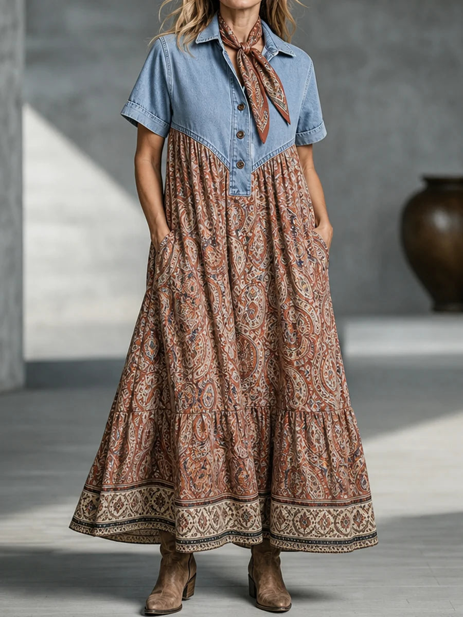 Cypress™ | Western Boho Denim-Patch Paisley Tiered Maxi Dress