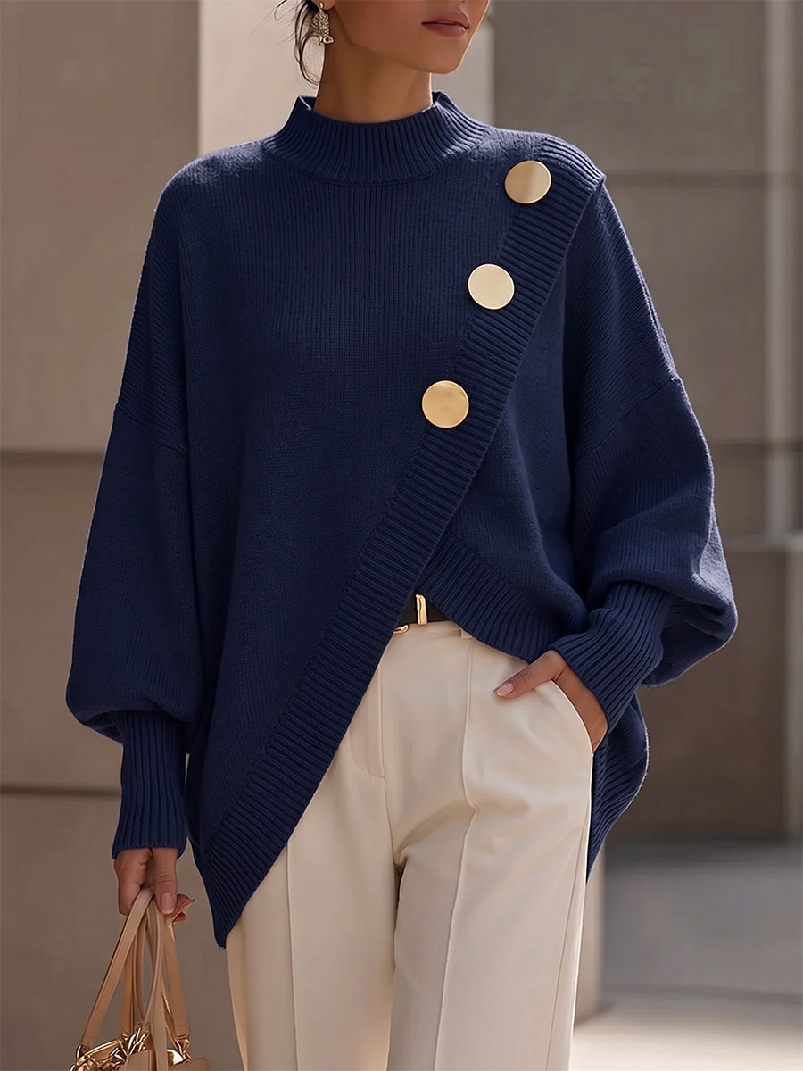 Solveig™ | Asymmetrical Gold-Button Knit Sweater