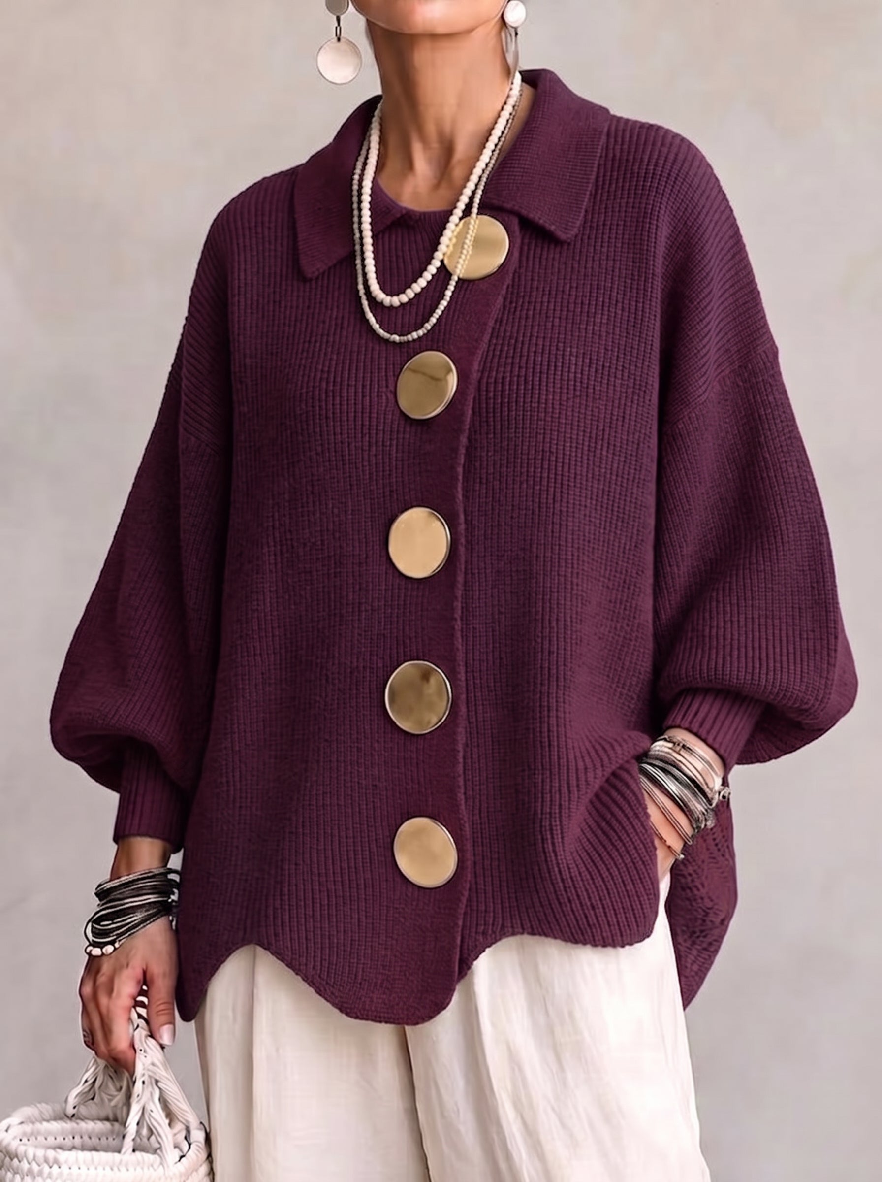 Isadora™ | Oversized Collared Cardigan With Large Metal Buttons