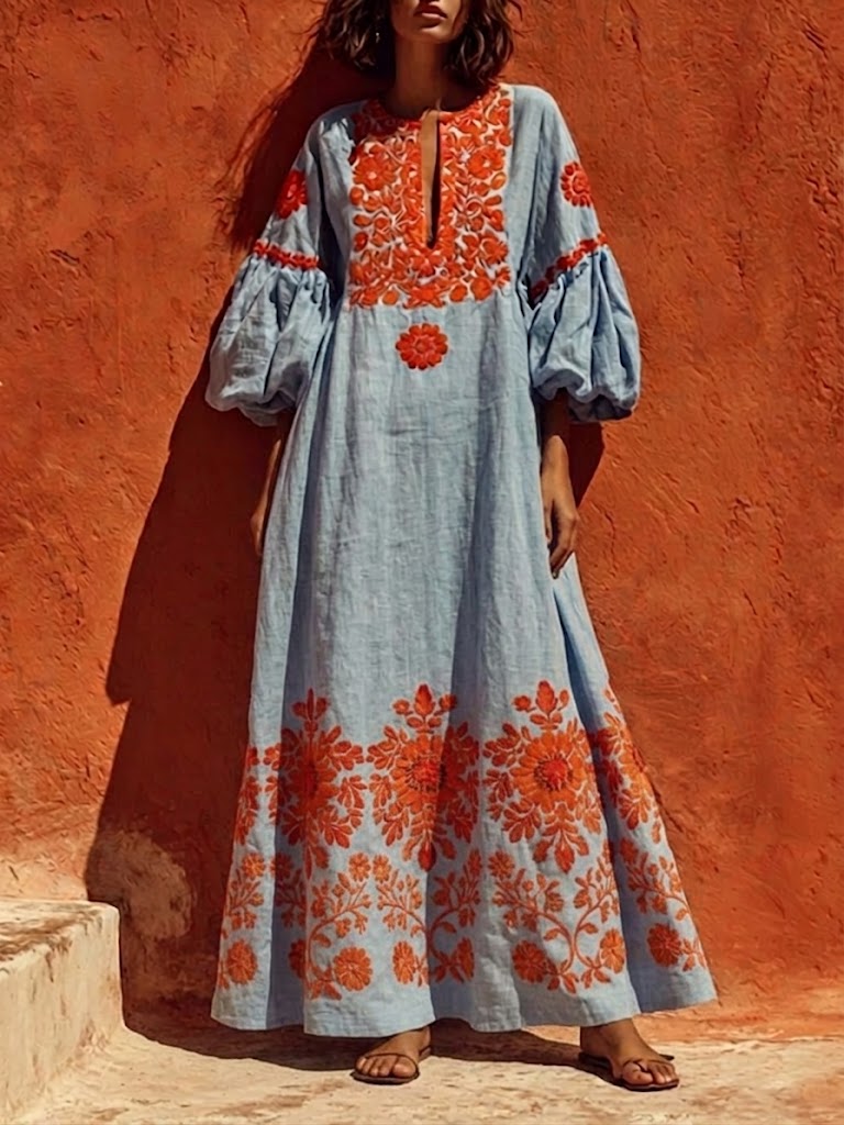 Priscilla™ | Bohemian Floral Embroidered Lantern-Sleeve Maxi Dress