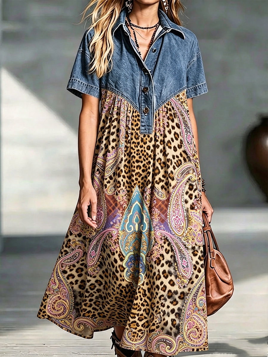 Rexana™ | Denim-Panelled Paisley & Leopard Print Midi Dress