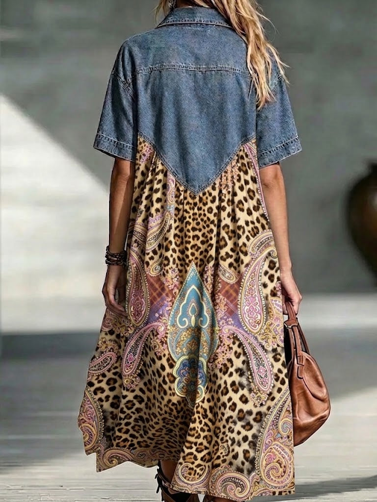 Rexana™ | Denim-Panelled Paisley & Leopard Print Midi Dress