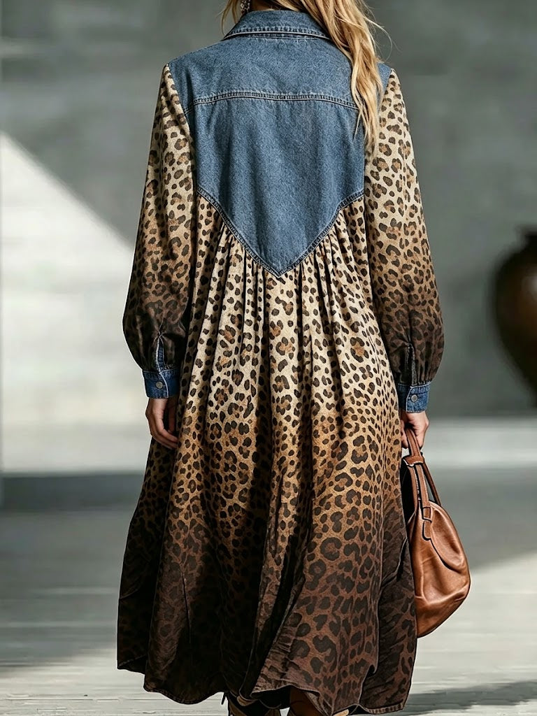 Savannah™ | Vintage Yoke Leopard Long Sleeve Maxi Dress