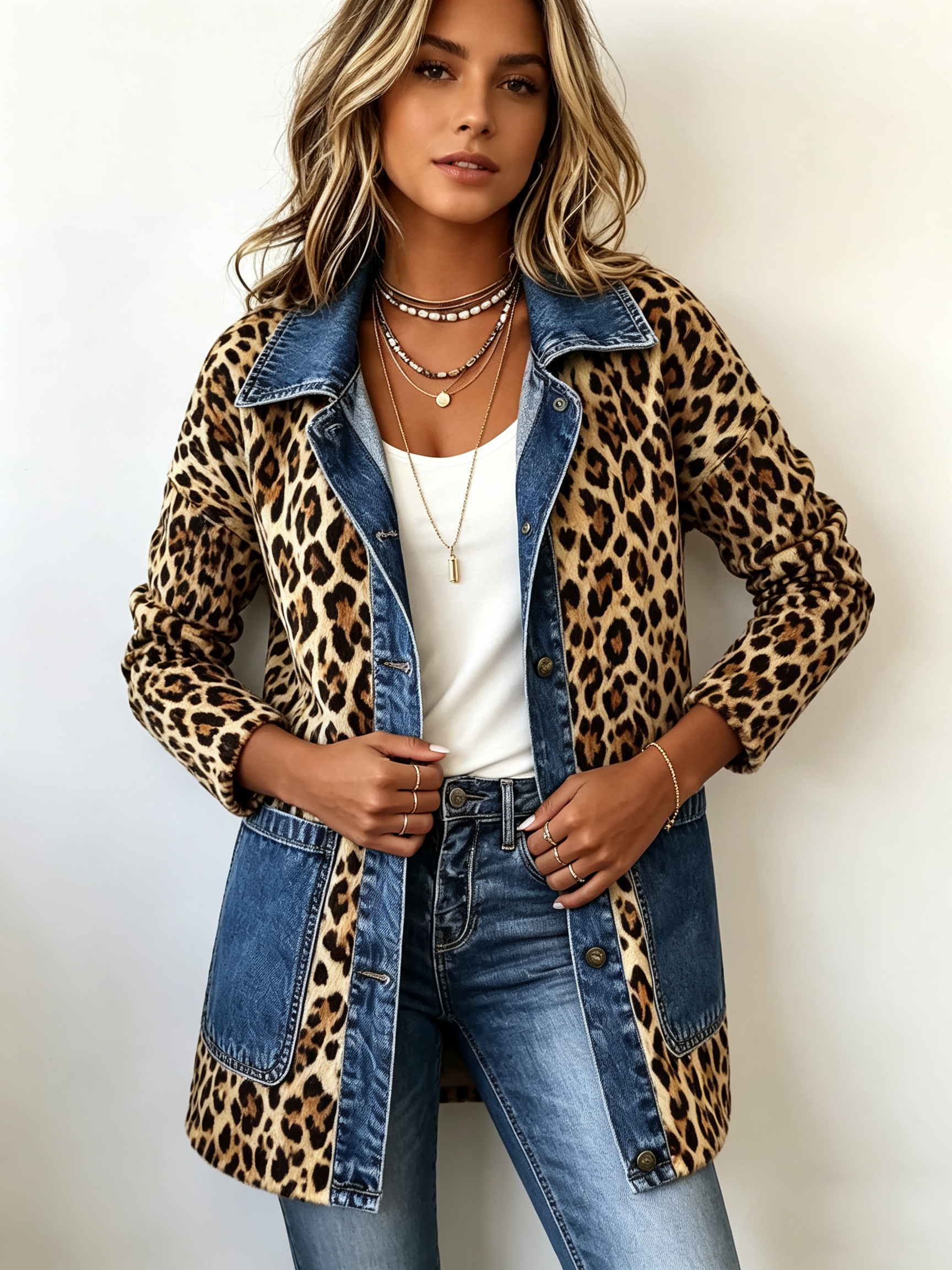 Fablenne™ | Leopard Print Denim Panel Contrast Longline Jacket