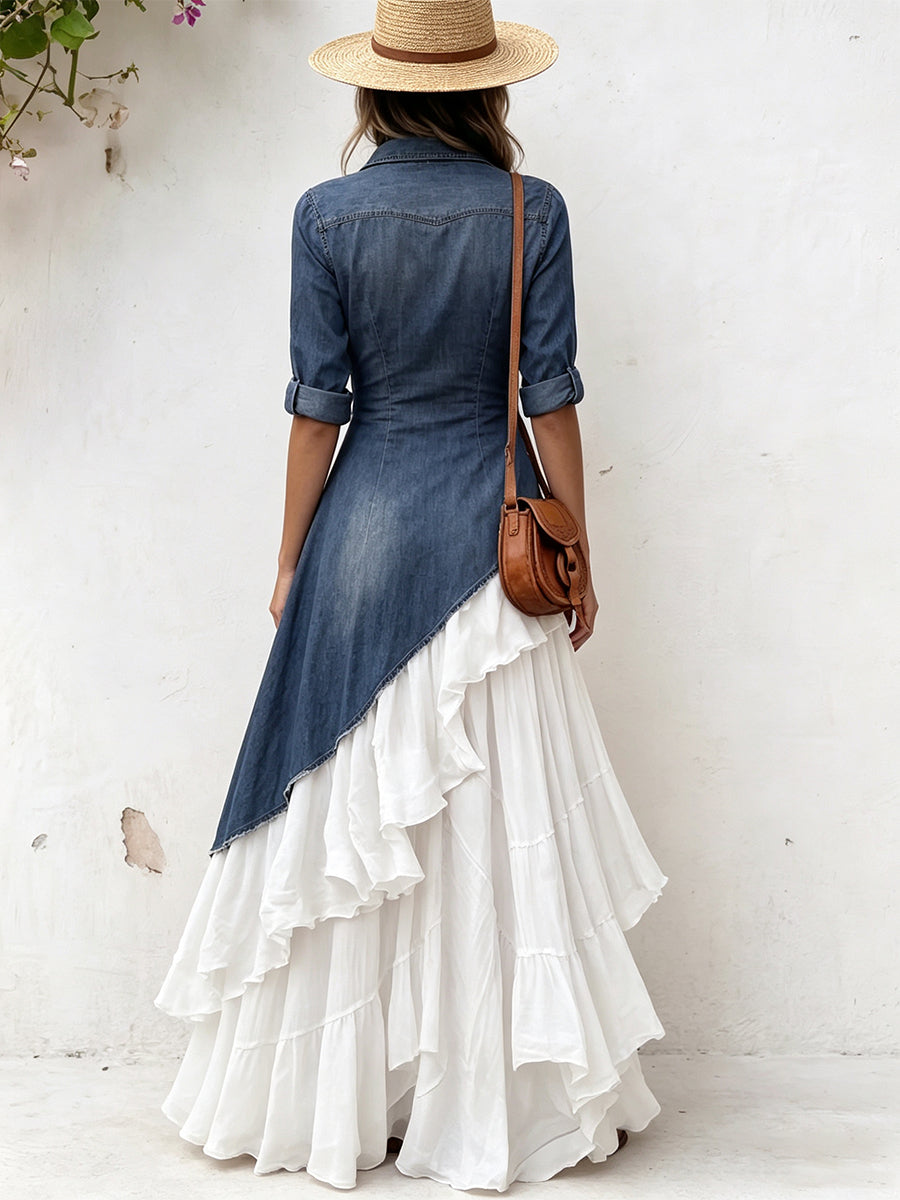 Odelia™ | Asymmetrical Patchwork Ruffle Maxi Dress