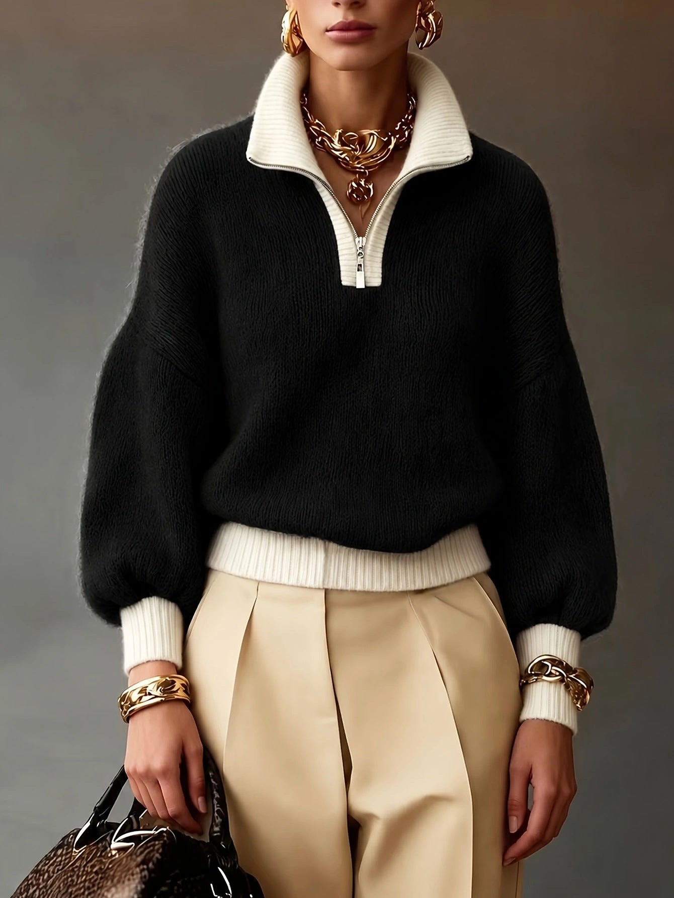 Nadia™ | Contrast-Trim Half-Zip Sweater
