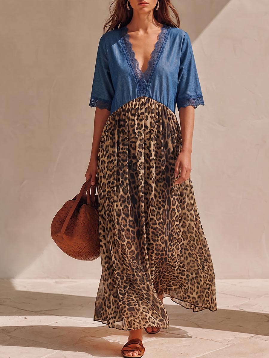 Navarra™ | V-Neck Lace-Trim Leopard Print Maxi Dress