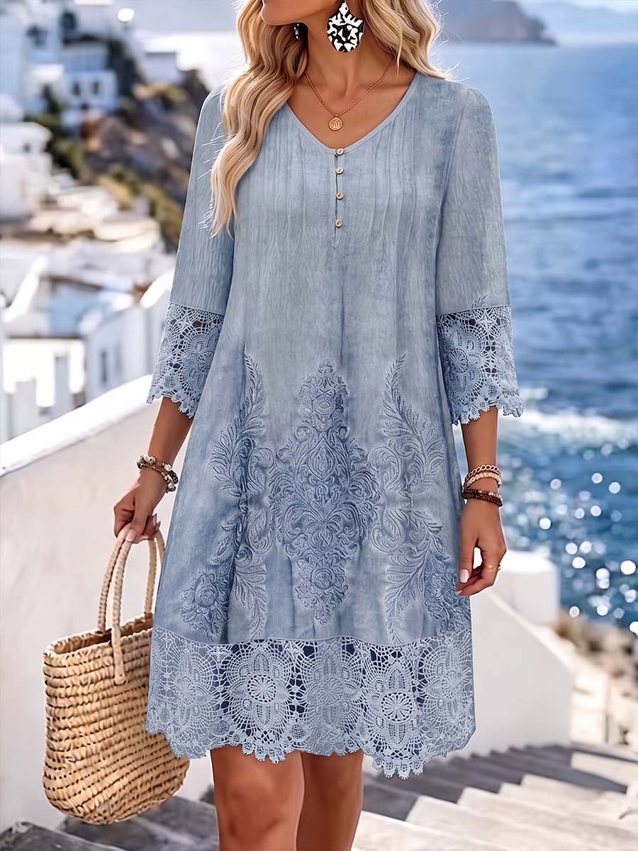 Rosamund™ | Casual Loose-Fit V-Neck 3/4 Sleeve Dress with Placement Print and Lace Paneling