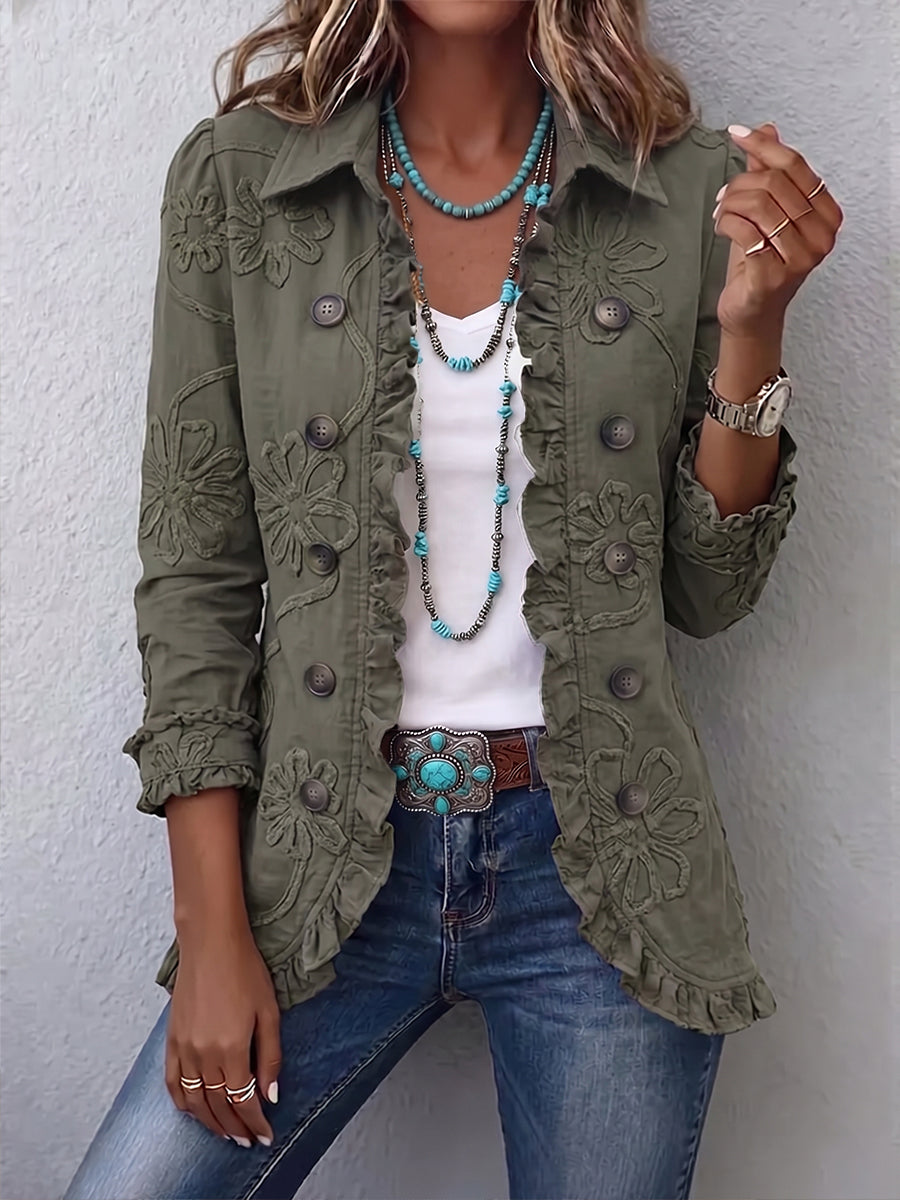 Kamberly™ | Boho-Chic Floral Embroidered Utility Ruffled Trim Jacket