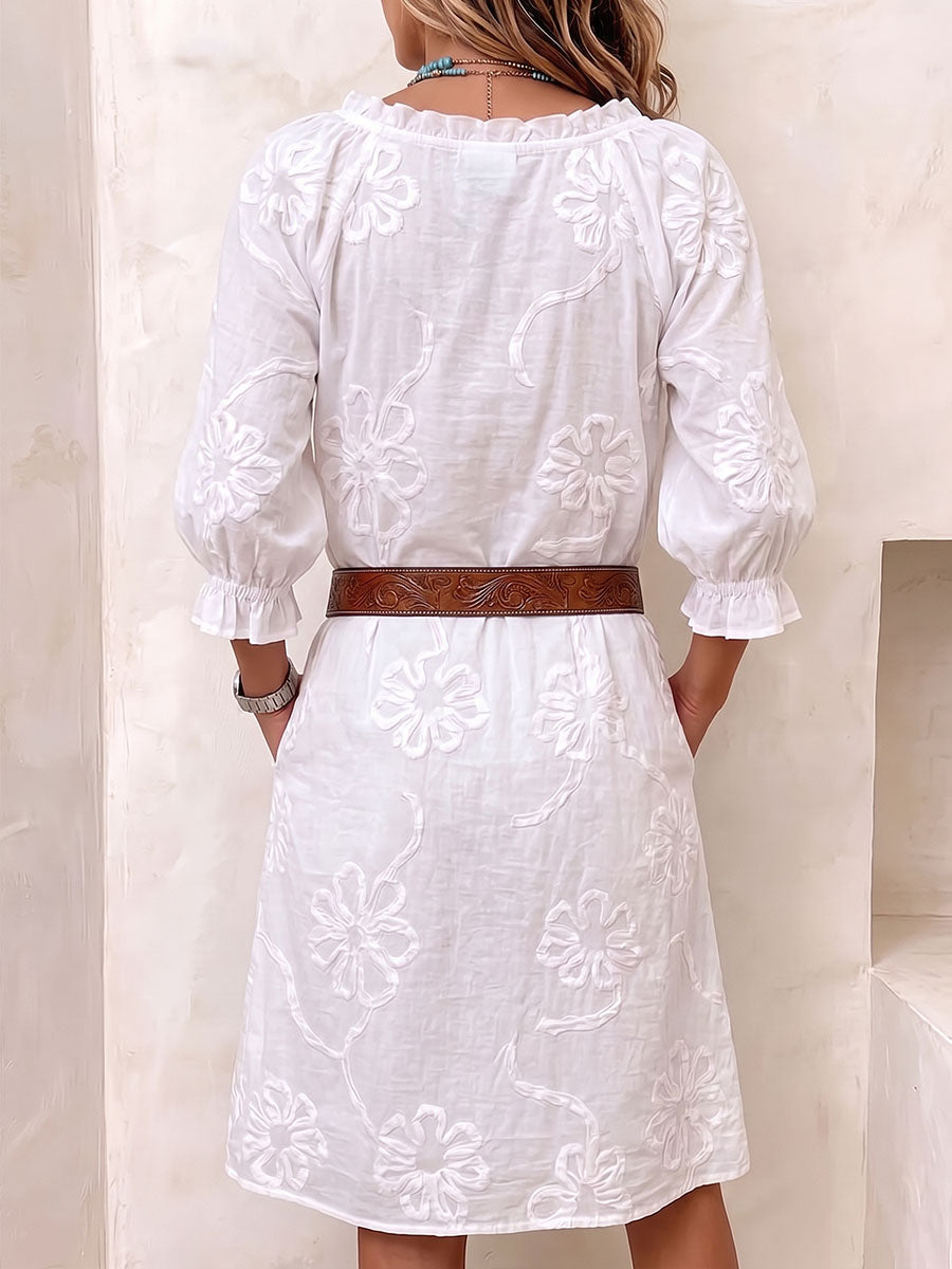 Georgiana™ | V-Neck 3/4 Sleeve Casual Loose Embroidered Dress