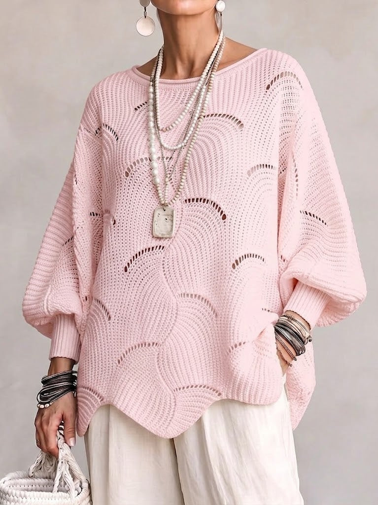 Mossaline™ | Hollow Wave Pattern Loose Lantern Sleeve Knit Top