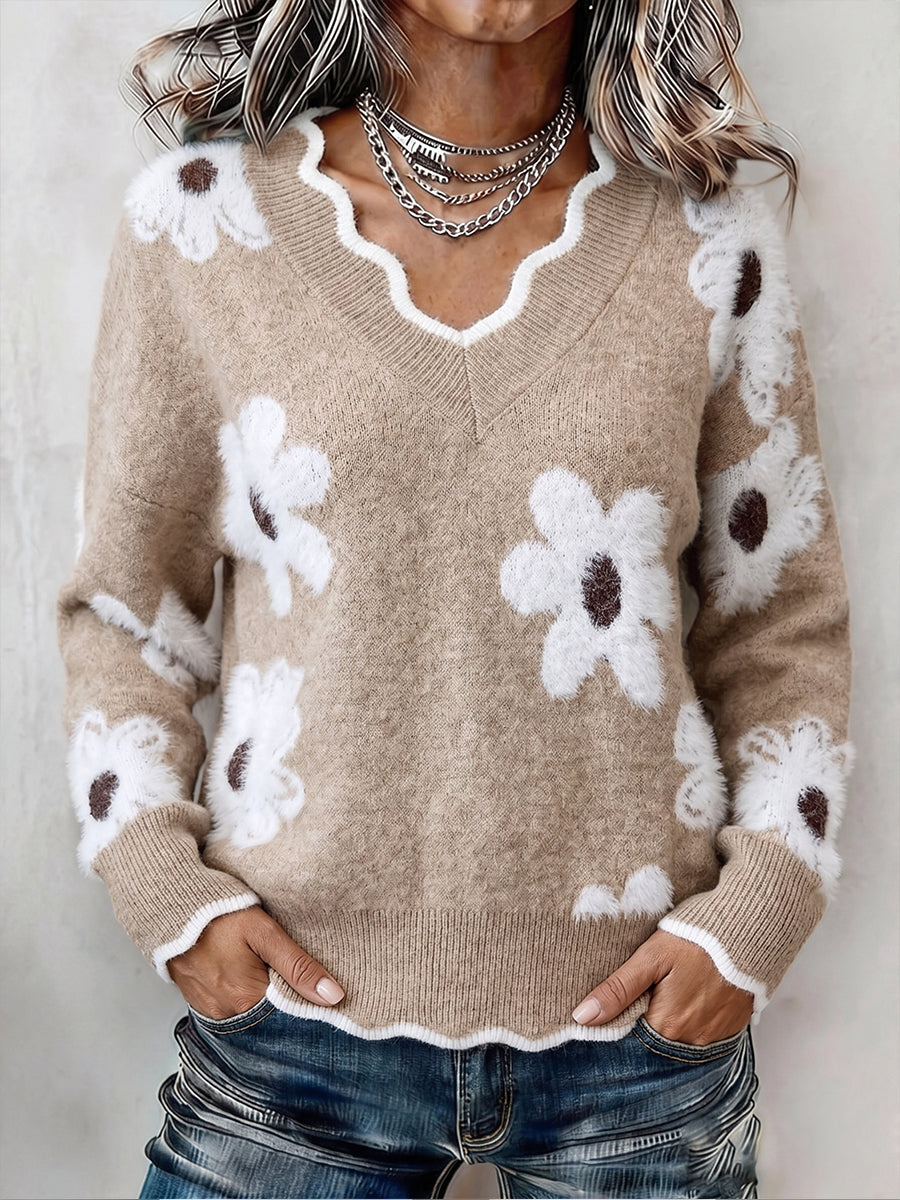 Ellsbeth™ | Floral Knit Scalloped V-Neck Sweater