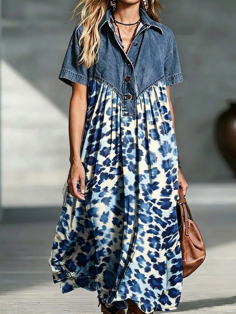 Kambria™ | Collar Spliced Leopard Print Loose Short Sleeve Midi Dress