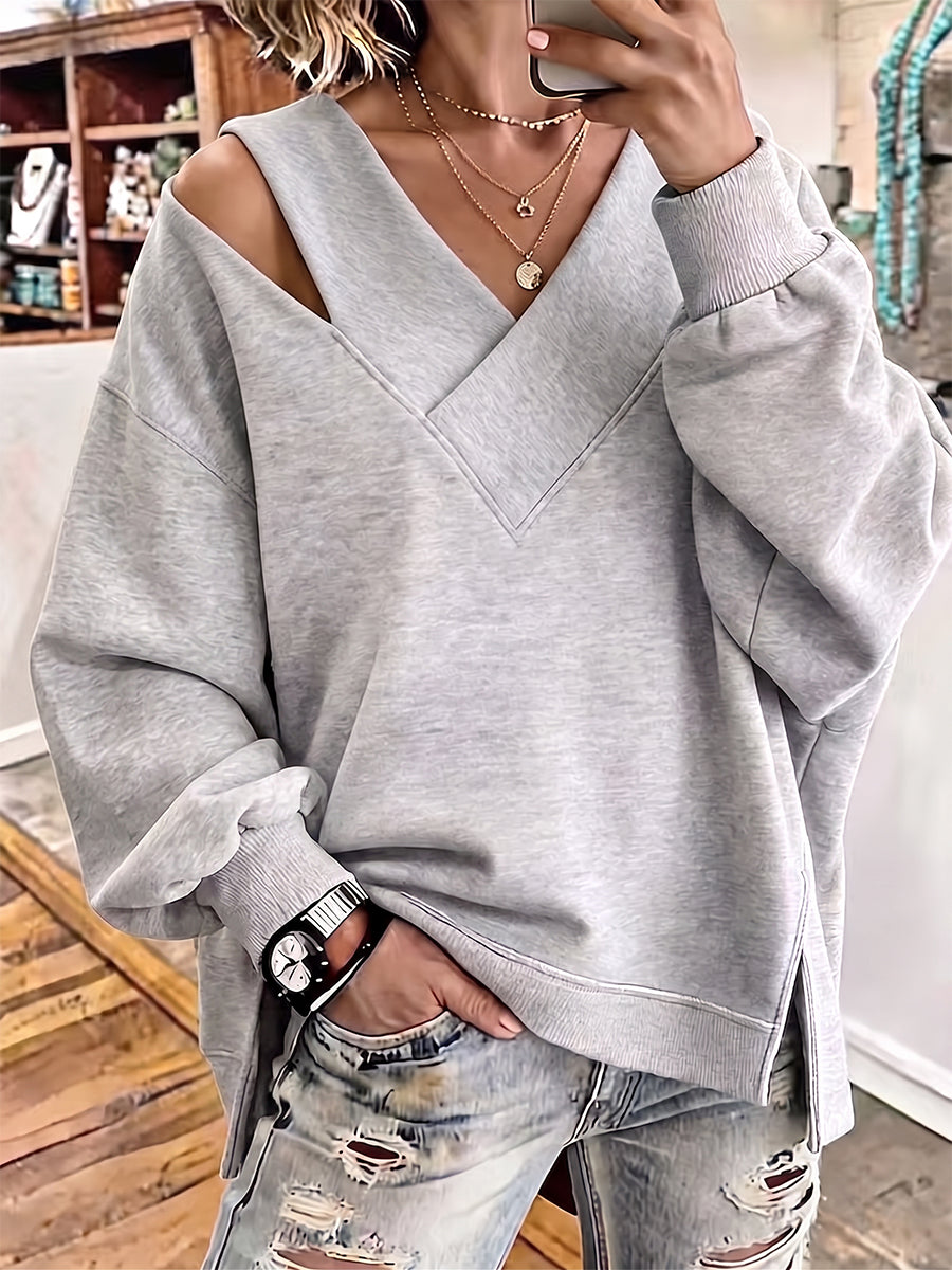 Noelle™ | Cutout V-Neck Oversized Sweatshirt