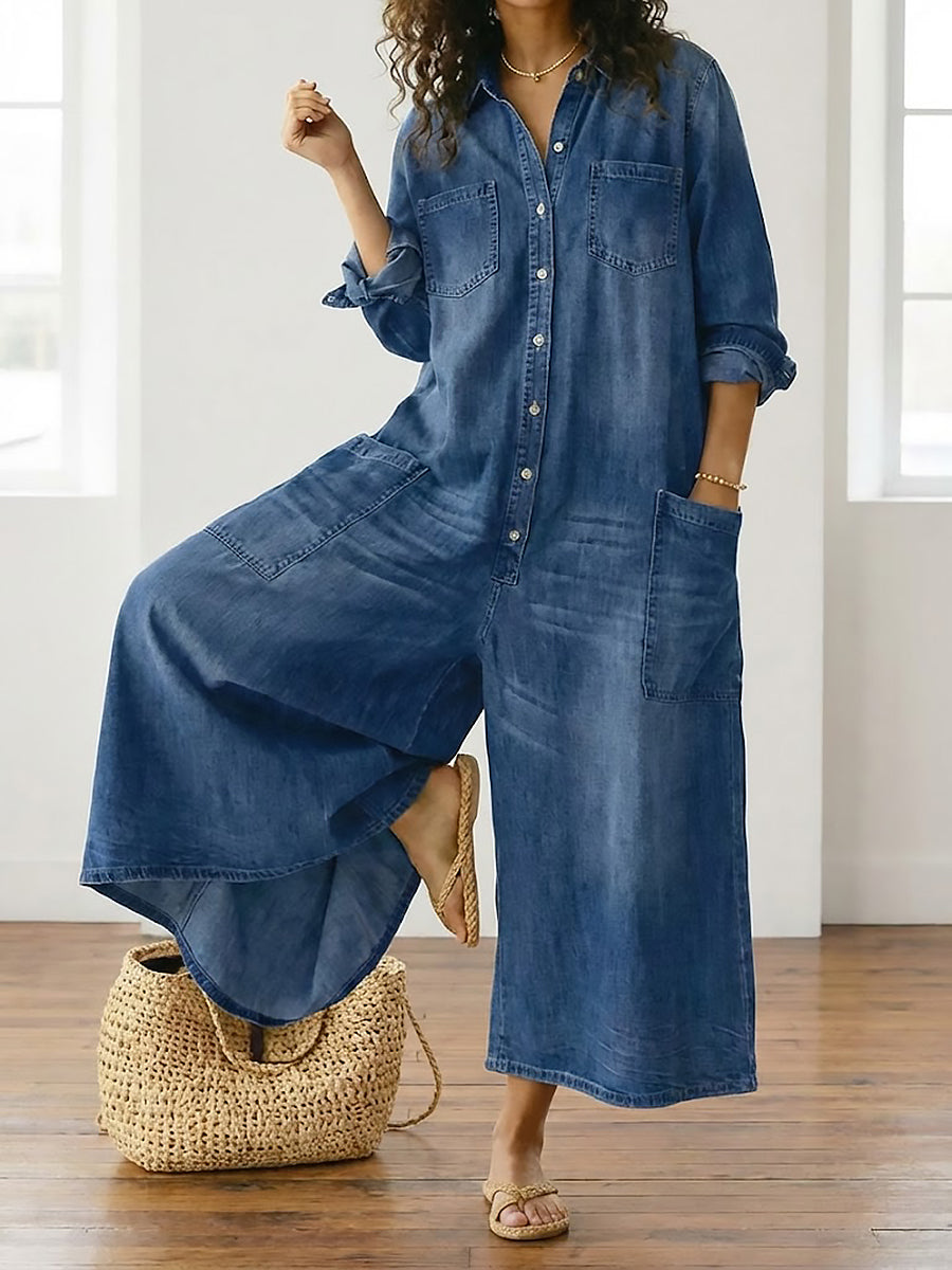 Sandy | Vintage Washed Soft Cotton Denim Jumpsuit with Button Closure