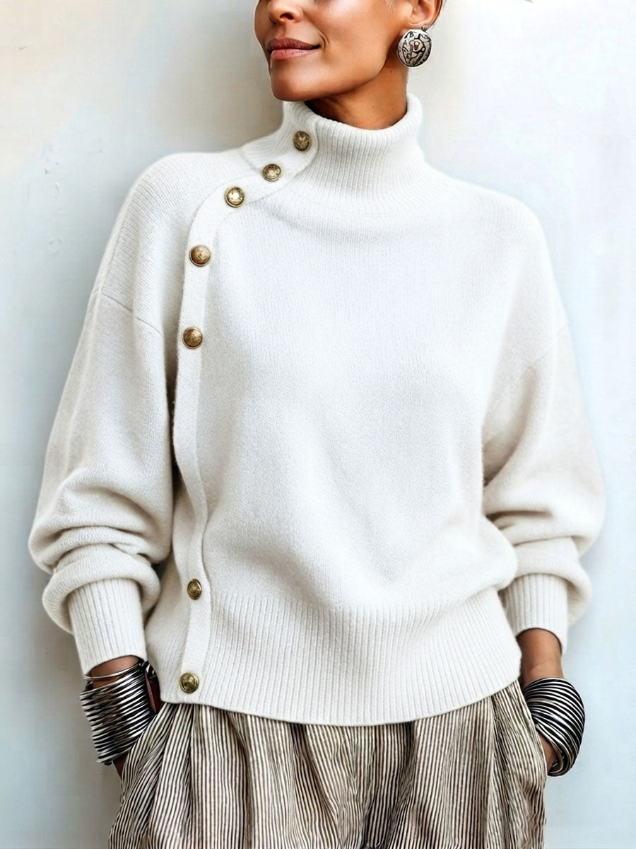 Fiona | Chic Elegant Asymmetrical Button Turtleneck Sweater