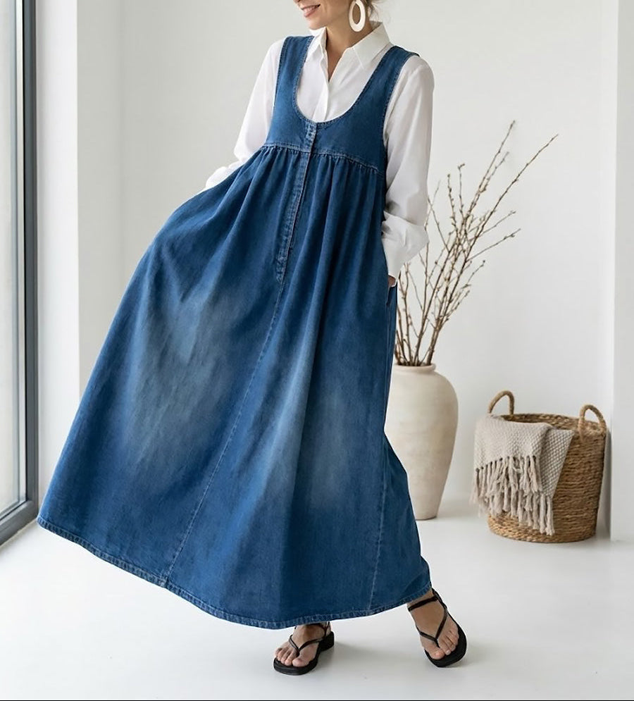 Miranda | Vintage Washed Soft Cotton Feel Denim Maxi Dress