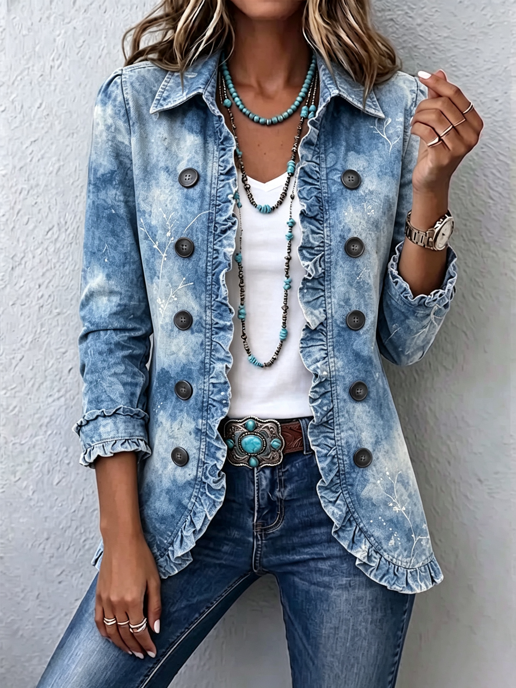 Jemison™ | Boho-Style Gradient Vintage Botanical Print Ruffle-Detail Jacket