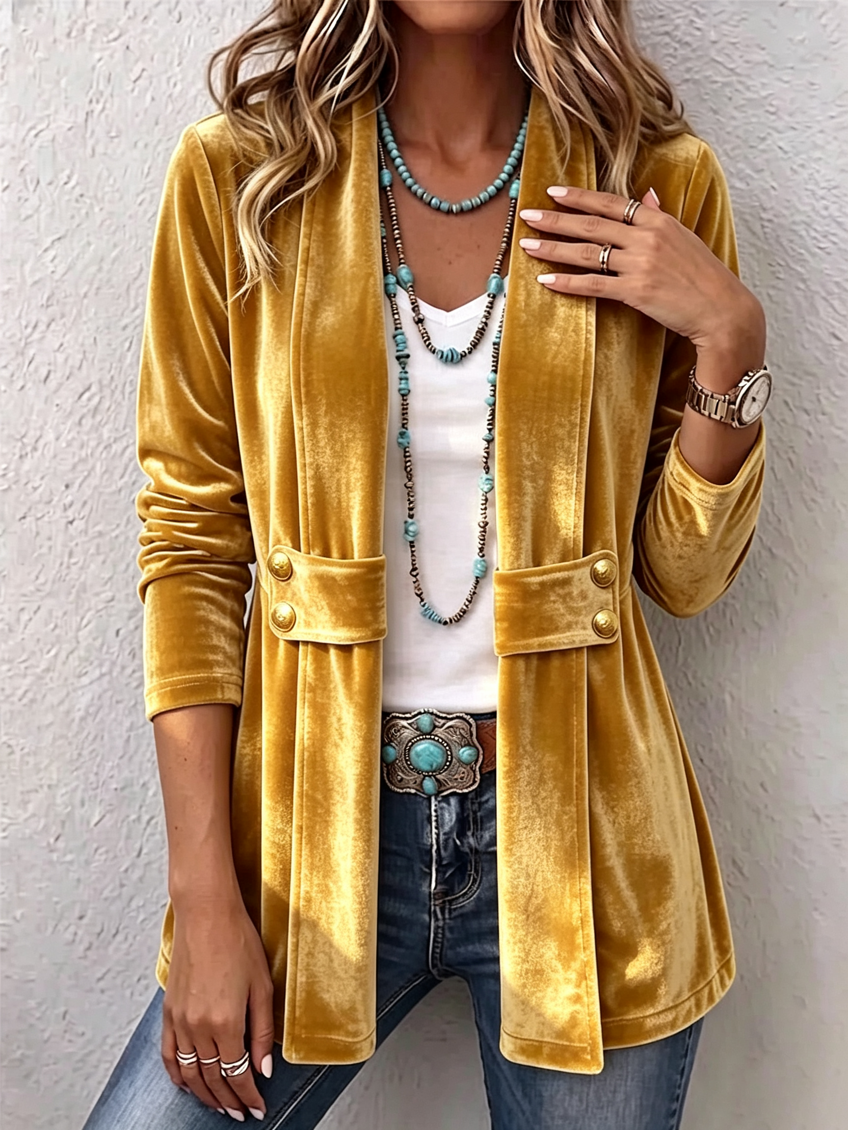 Holliwell™ | Vintage Lapel Button-Accent Long Sleeve Open Front Jacket