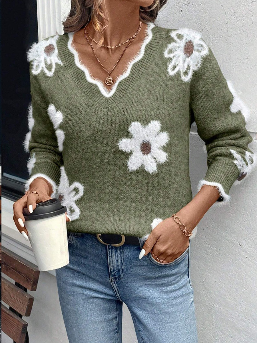 Ellsbeth™ | Floral Knit Scalloped V-Neck Sweater