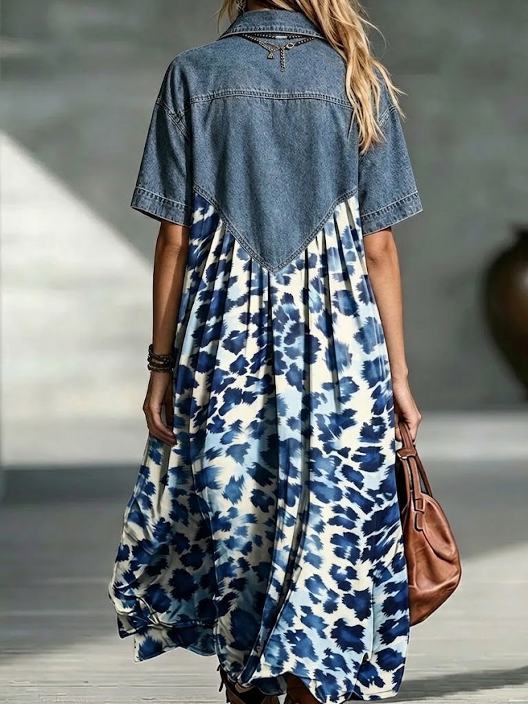 Kambria™ | Collar Spliced Leopard Print Loose Short Sleeve Midi Dress