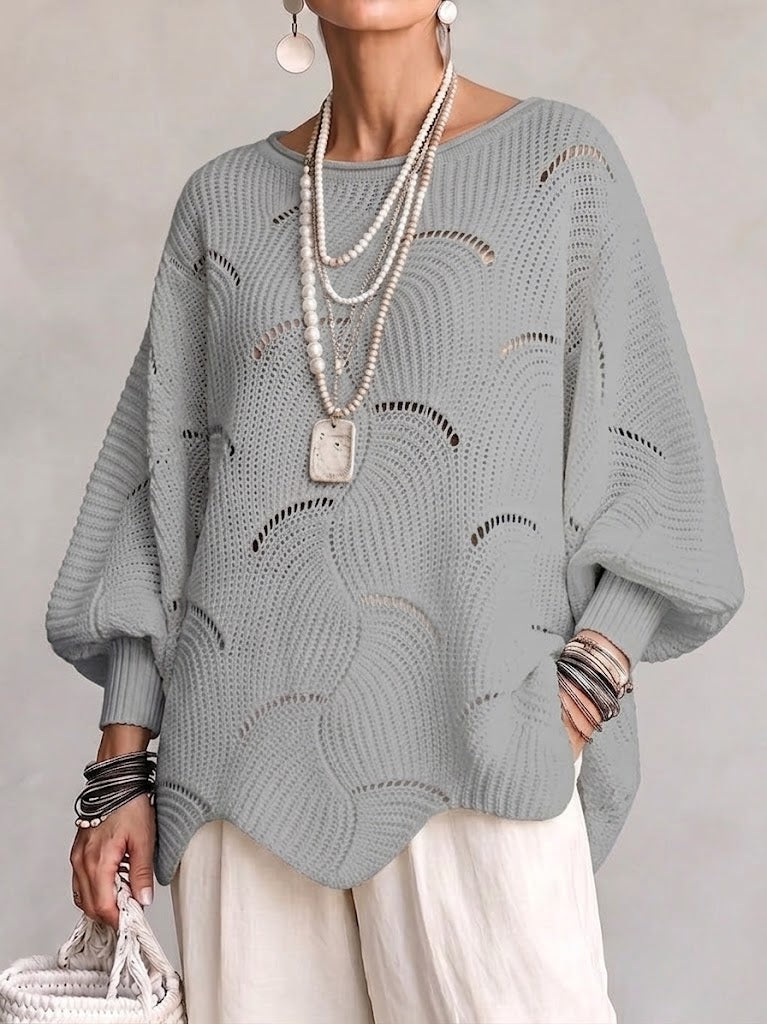 Keloway™ | Hollow Wave Pattern Loose Lantern Sleeve Knit Top