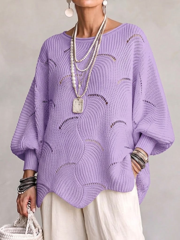 Mossaline™ | Hollow Wave Pattern Loose Lantern Sleeve Knit Top