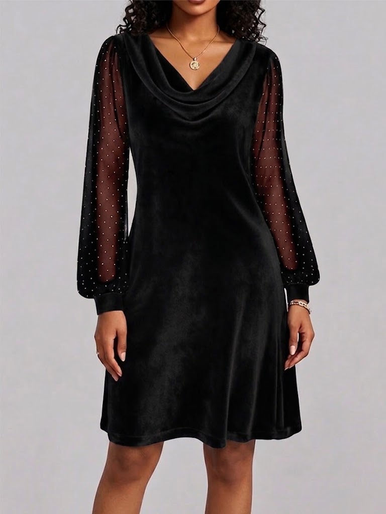 Reevaine™ | Long-Sleeve Cowl Neck Dress with Embellished Sleeves