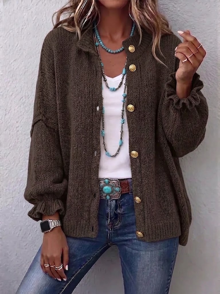 Gretchen™ | Stand Collar Single-Breasted Gold Button Ruffle-Cuff Cardigan