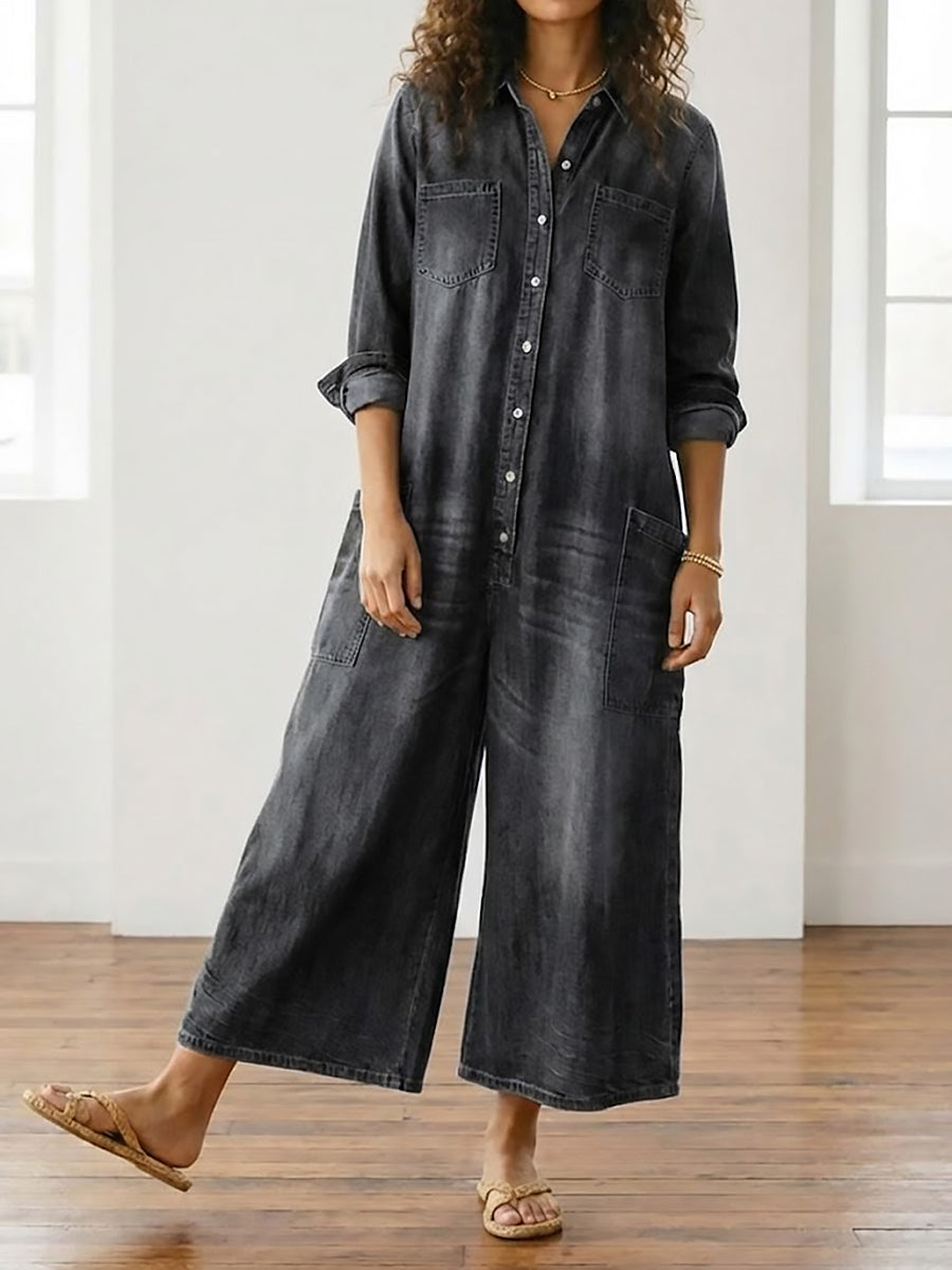Sandy | Vintage Washed Soft Cotton Denim Jumpsuit with Button Closure