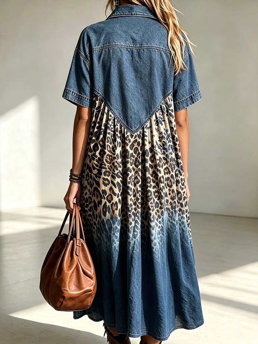 Jorvelle™ | Collared Short-Sleeve Casual Loose Patchwork Gradient Leopard Print Dress