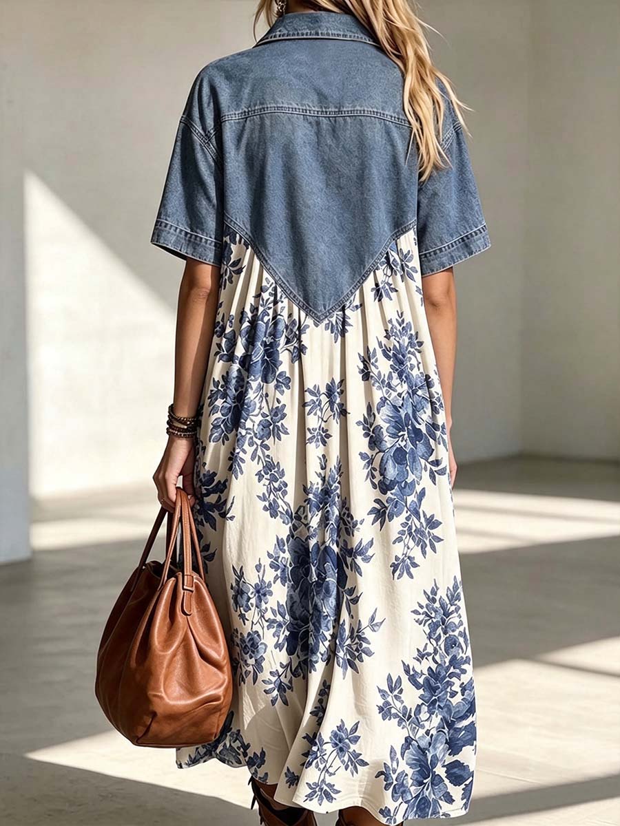 Hollybrook™ | Collared Short-Sleeve Patchwork Retro Floral Midi Dress