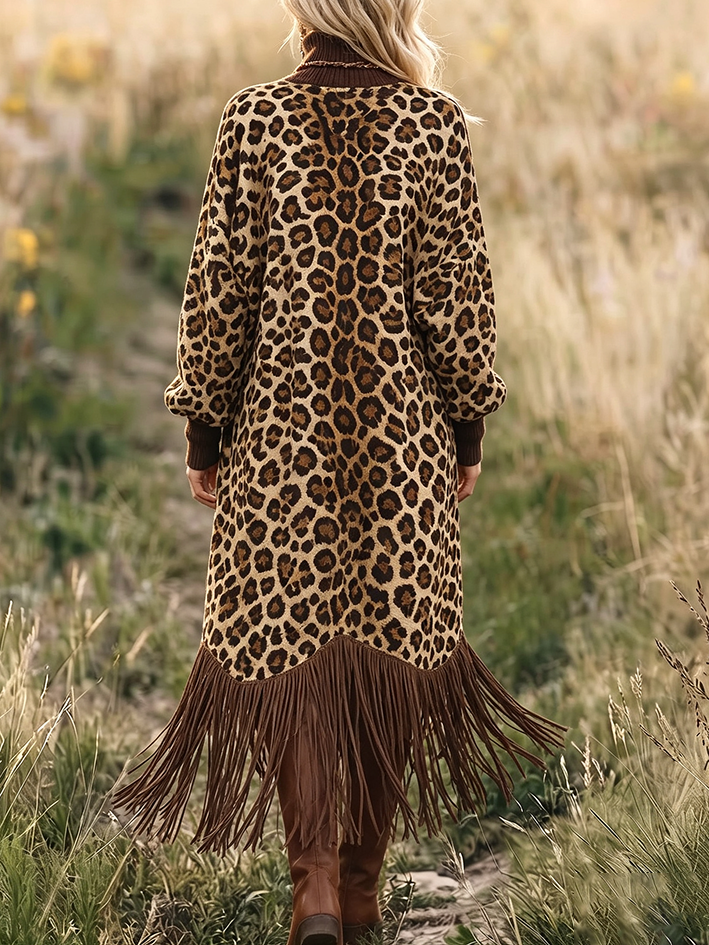 Savanna™ | Leopard Print Fringe Sweater Dress