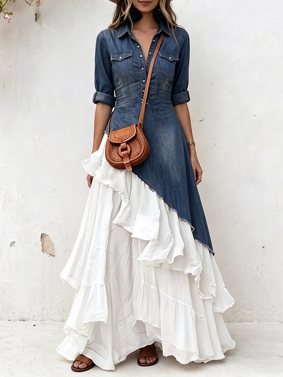 Odelia™ | Asymmetrical Patchwork Ruffle Maxi Dress