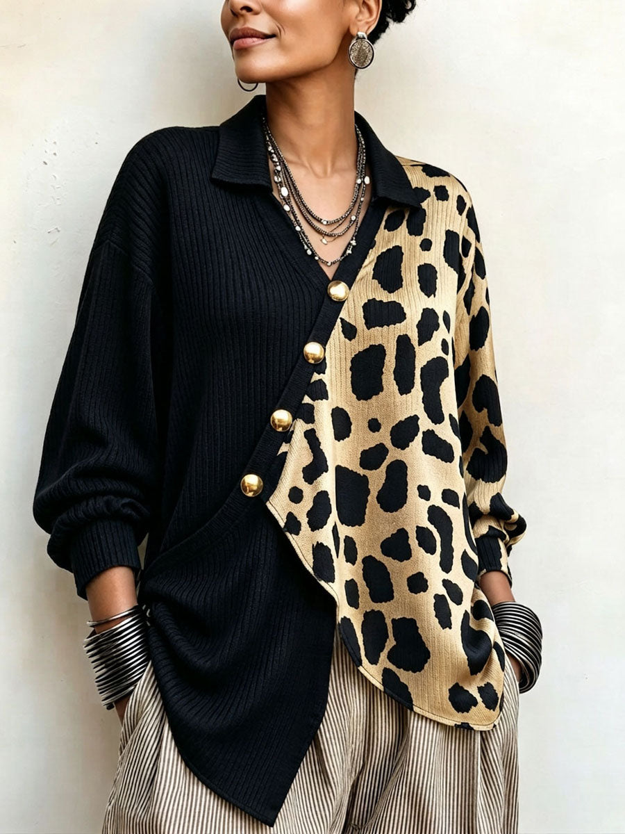 Isolvie™ | Bold Leopard Color-Block Asymmetric Sweater