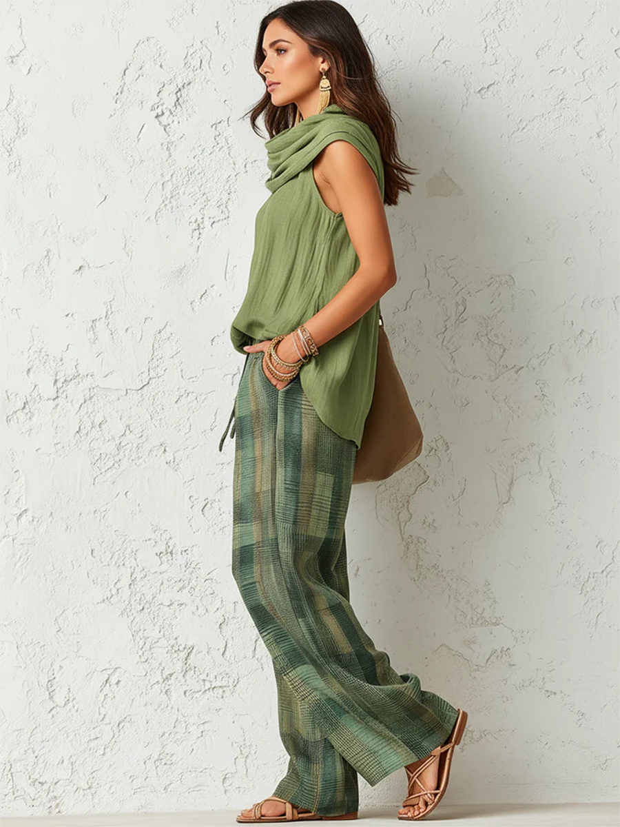 Sage™ | 3-Piece Cowl Neck Top, Scarf & Checkered Pants Ensemble