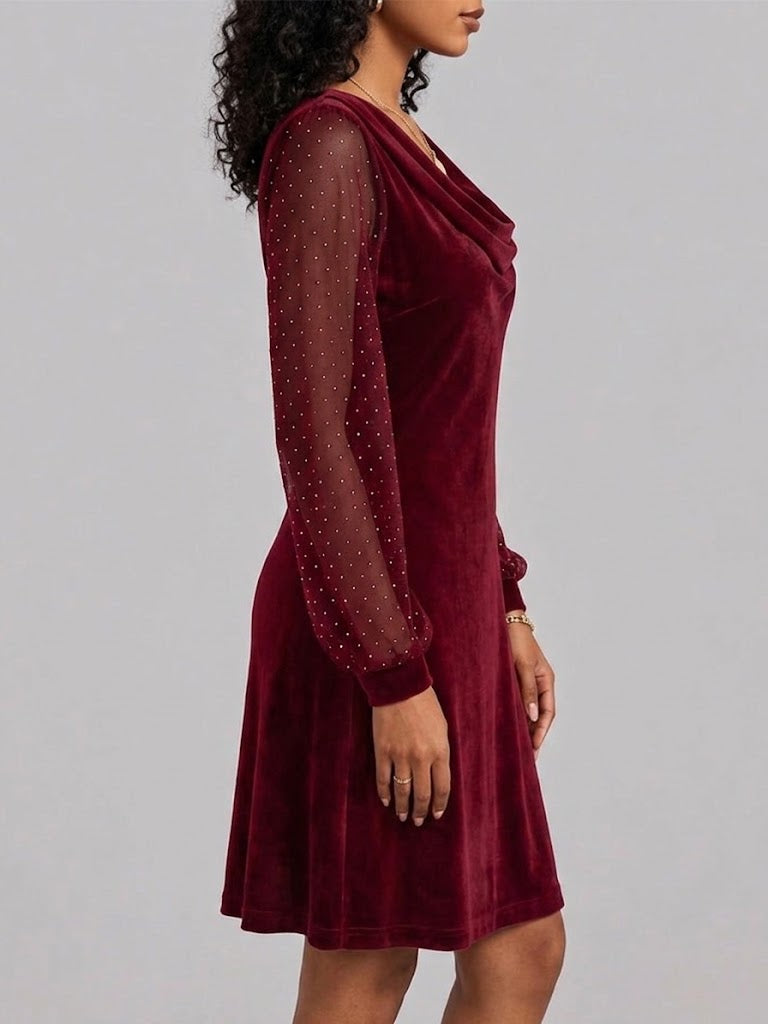 Reevaine™ | Long-Sleeve Cowl Neck Dress with Embellished Sleeves