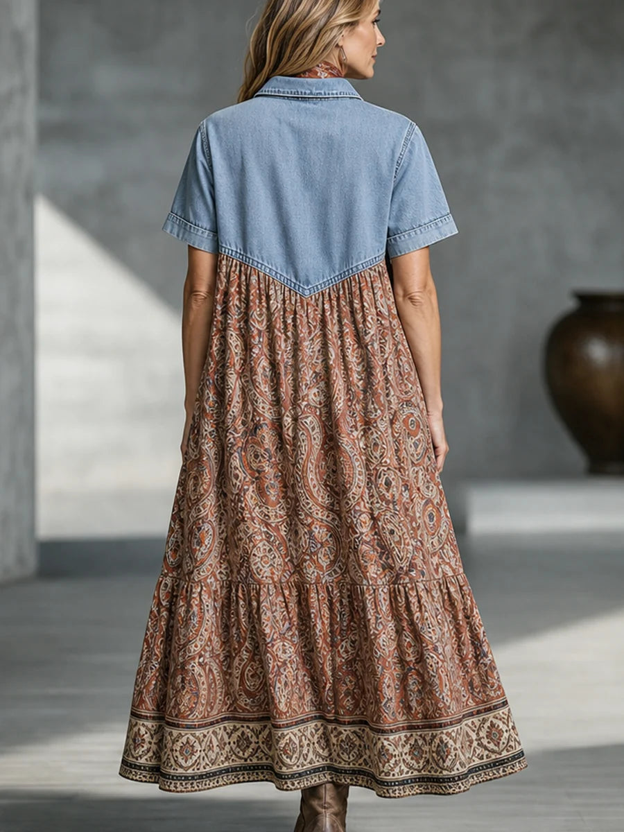 Cypress™ | Western Boho Denim-Patch Paisley Tiered Maxi Dress