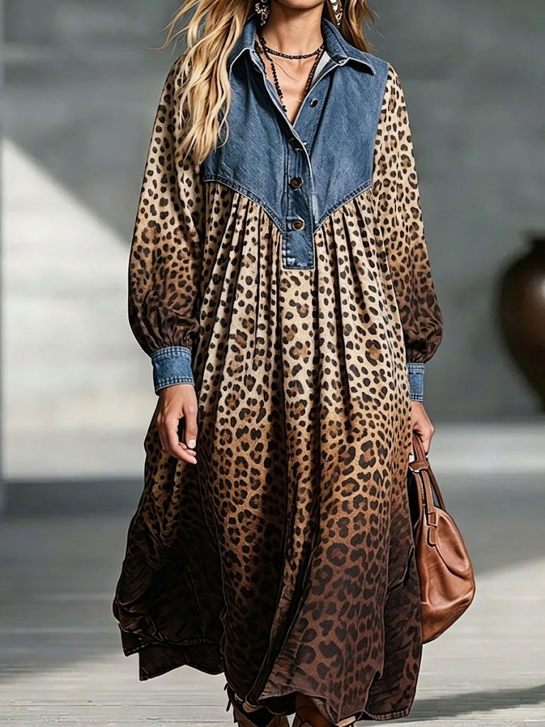 Savannah™ | Vintage Yoke Leopard Long Sleeve Maxi Dress
