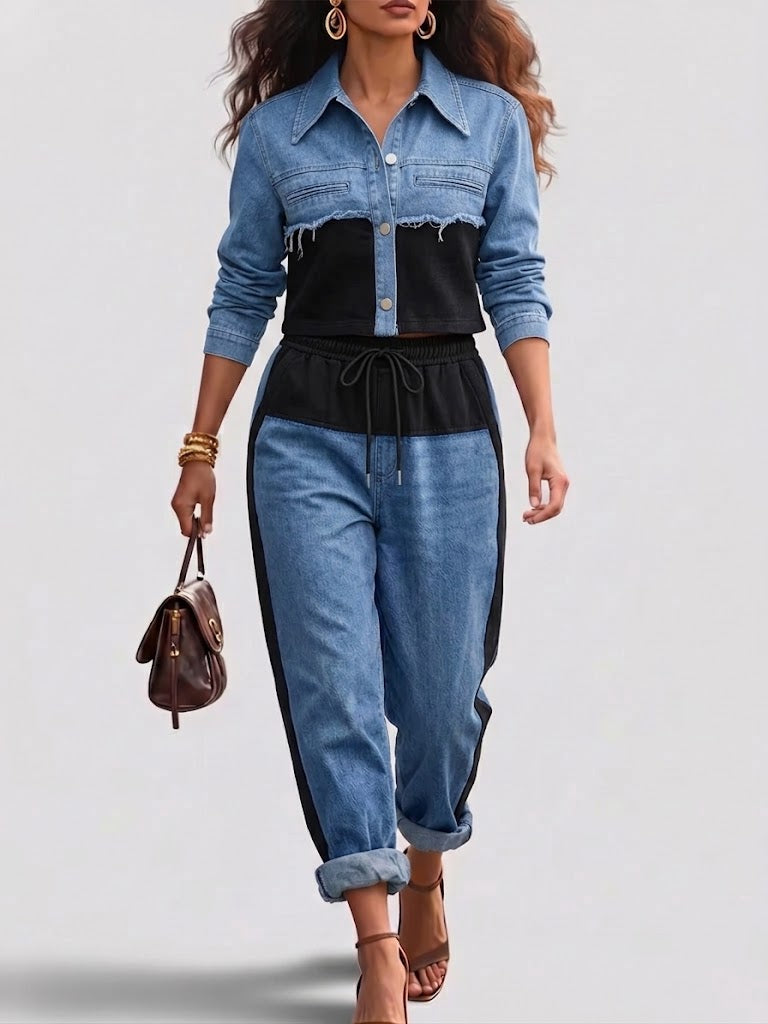 Holbrook™ | Color-Block Cropped Jacket & Wide-Leg Pants Set