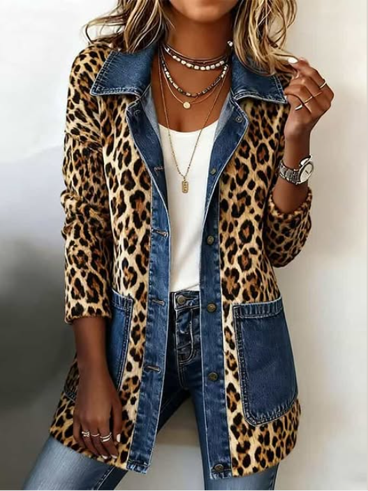 Fablenne™ | Leopard Print Denim Panel Contrast Longline Jacket