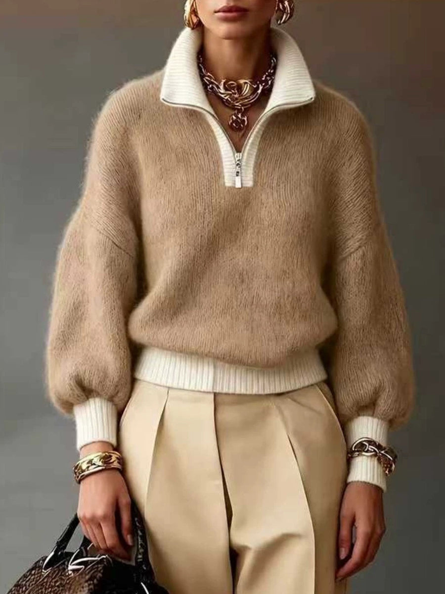 Nadia™ | Contrast-Trim Half-Zip Sweater