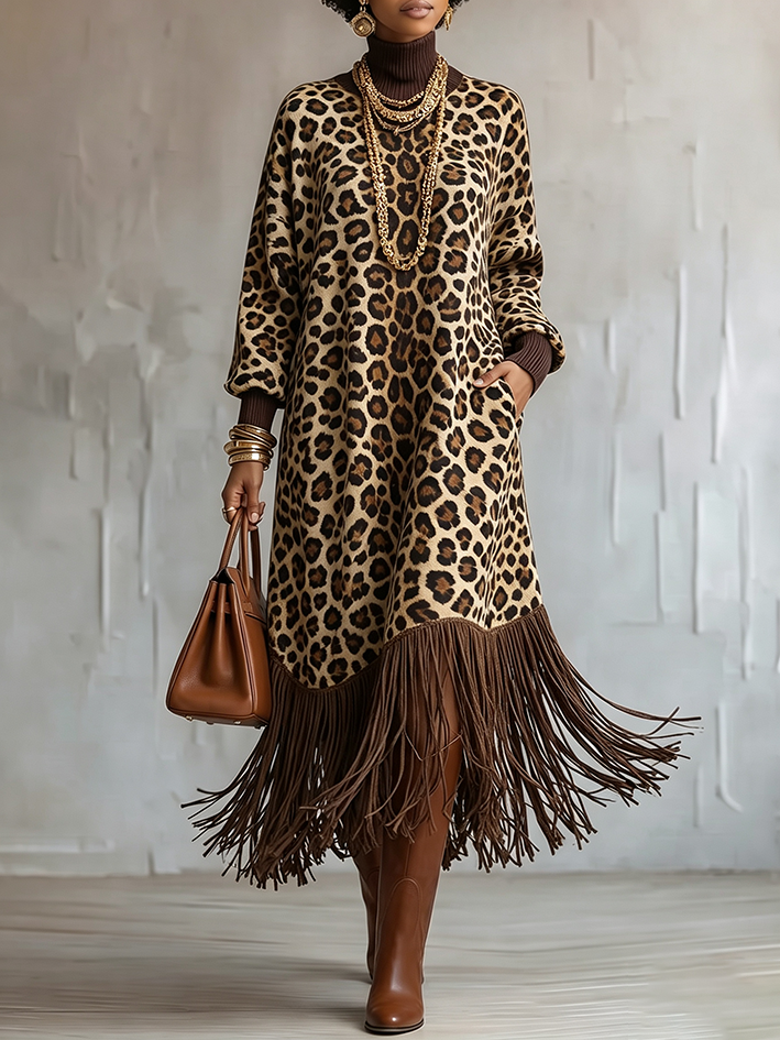 Savanna™ | Leopard Print Fringe Sweater Dress