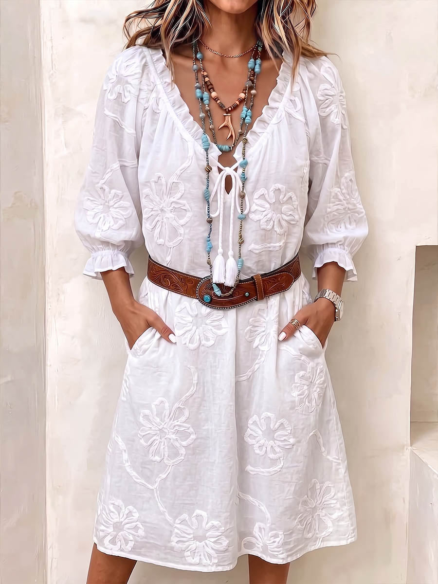 Georgiana™ | V-Neck 3/4 Sleeve Casual Loose Embroidered Dress
