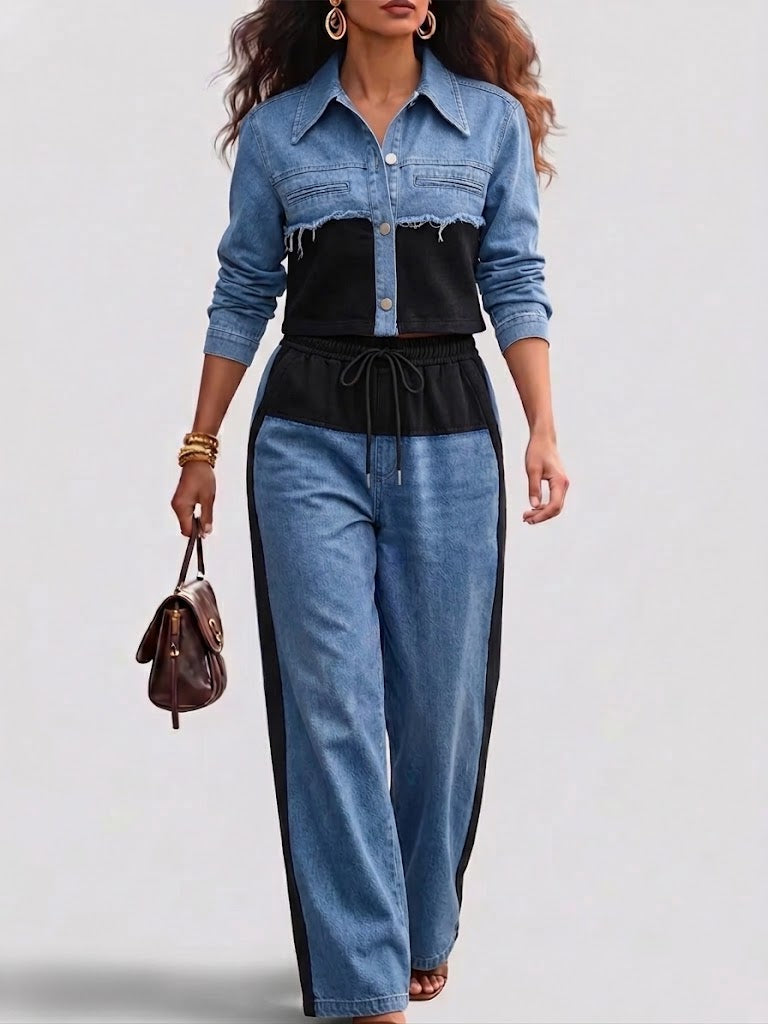 Holbrook™ | Color-Block Cropped Jacket & Wide-Leg Pants Set