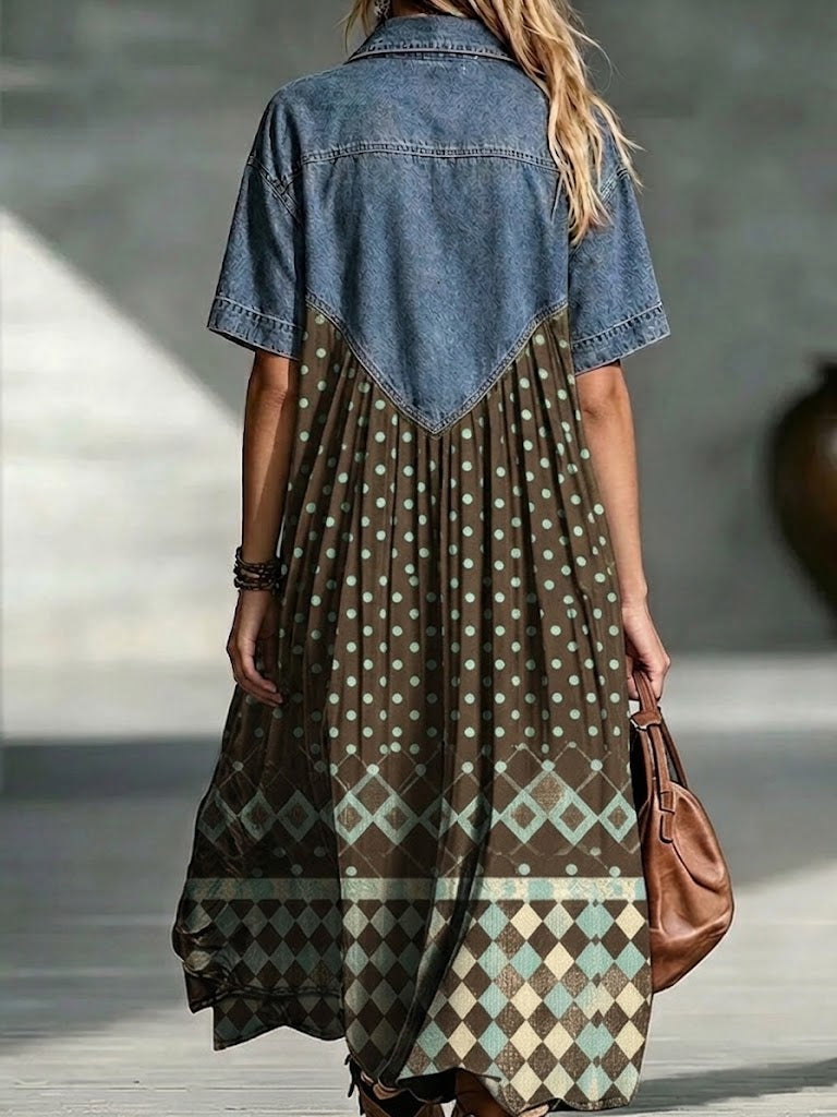 Lottaway™ | Spliced Polka Dot Argyle Print Shirt Midi Dress